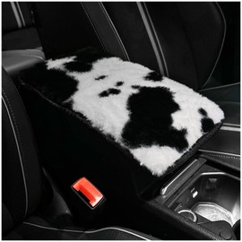 SuperKaKa Furry Cow Print Armrest Cover for Car, Plush Cute Center Console Pad Cars Interior Accessories for Women Men,Protector Fit Most Auto Vehicle, SUV, Truck Arm Rest Box(Black+White)