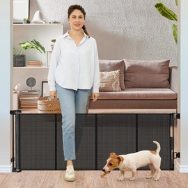 24 Inches Tall Retractable Baby Gates for Doorways, Short Dog Gates to Step Over, Extends up to 55" Wide, Reinforced Mesh Baby Gate for Kids or Pets, Doggie Gates Puppy Gates for The House (Black)