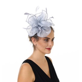 SAFERIN Fascinators Hat Flower Mesh Ribbons Feathers on a Headband and a Clip Tea Party Headwear for Girls and Women (US, Alpha, Medium, TA2-Light Grey)