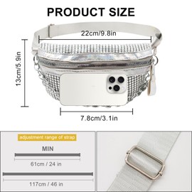 Long Keeper Sparkly Bum Bag Fanny Pack for Women Teen Girls Rhinestones Waist Bag Party Holographic Bumbags Ladies Shiny Bling Bag Cross Body Chest Bag (White)