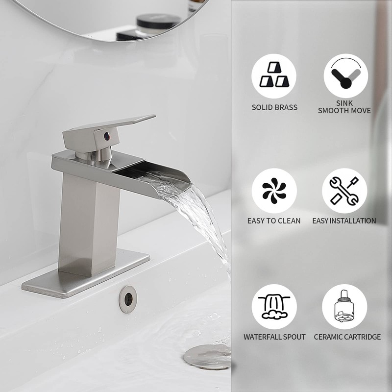 BWE Waterfall Bathroom Faucet Brushed Nickel with Pop Up Drain