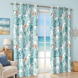 Coastal Beach Curtains 2 Panels Set Nautical Ocean Patterned Themed Thermal Insulating 50% Light Blocking Room Darkening Grommet Window Coral Print Drapes for Living Room Bedroom, Teal, 52x63 Inches