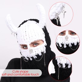 DAZCOS Knitted Balaclava Hat Devil Horn Bunny Ears Head Mask Winter Woolen Beanie Riding Hats for Women and Men (White+Black)