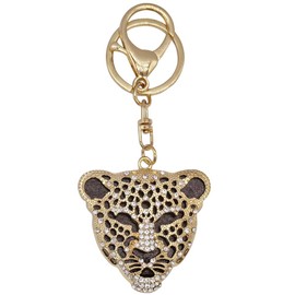 Moydolo Cute Gold Crystal Rhinestone Leopard Car Key Chain Ring Charm Sparkling Metal Cheetah Head Keychain Pendant For Women Men Backpack Purse