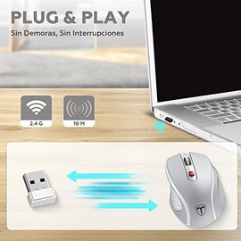 TERPORT F20 Mouse Inalámbrico, Mouse Ergonómico de 2.4G con 5 Niveles de dpi Ajustables, Mouse Portátil con Receptor USB, 10M de Conexión, Ratón Ergonómico de 6 Botones, hasta 2400DPI, Win/Mac, Plata