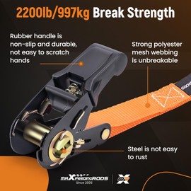 maXpeedingrods 15ft S-Hook Ratchet Straps 2200lbs Break Strength, 1'' 15' 13.8'' Ratchet Tie down with Padded Handles 11.8'' Soft Loops 19.6'' Cords With Storage Bag and Gloves 733 lbs loading Orange