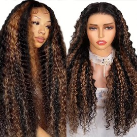 Highlight Deep Wave Lace Front Wigs Human Hair 26 Inch 13x6 HD Transparent Lace Front Wigs 200 Density 1/30 Glueless Ombre Brown Curly Wig for Women Pre Plucked with Baby Hair