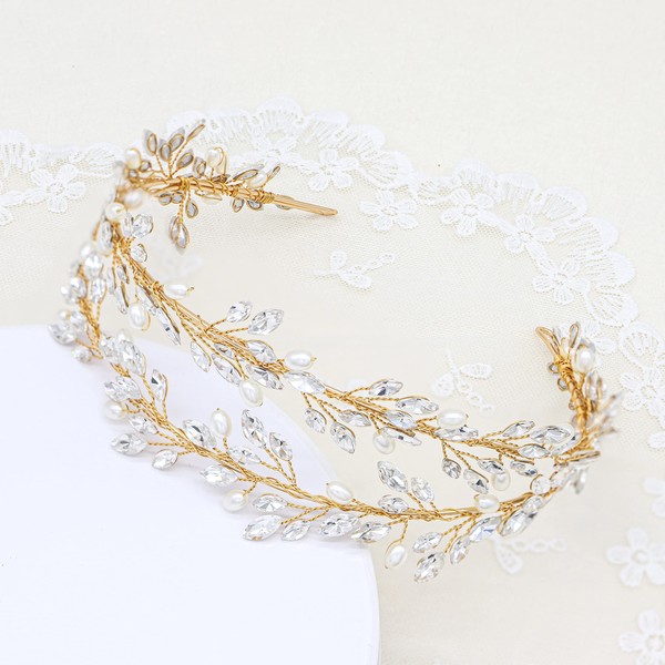 Oriamour Bridal Crystal Headbands Double Layer Wedding Headdress Gold Wedding Headpieces For Women (Gold)