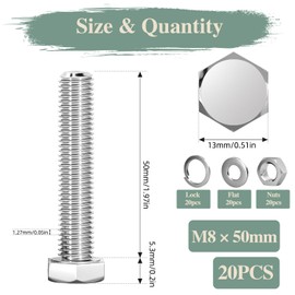 GOHODOMINO M8×50mm Hex Bolts, Nuts, Flat Washers and Lock Washers, 20Pcs, 304 Stainless Steel, Fully Threaded Screw Bolts