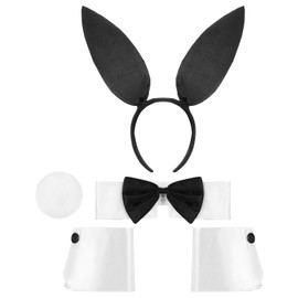 COMNICO Bunny Costume Set, 5Pcs Black Bunny Ear Headband Collar Cuffs Rabbit Tail Bunny Accessories Set for Easter Party