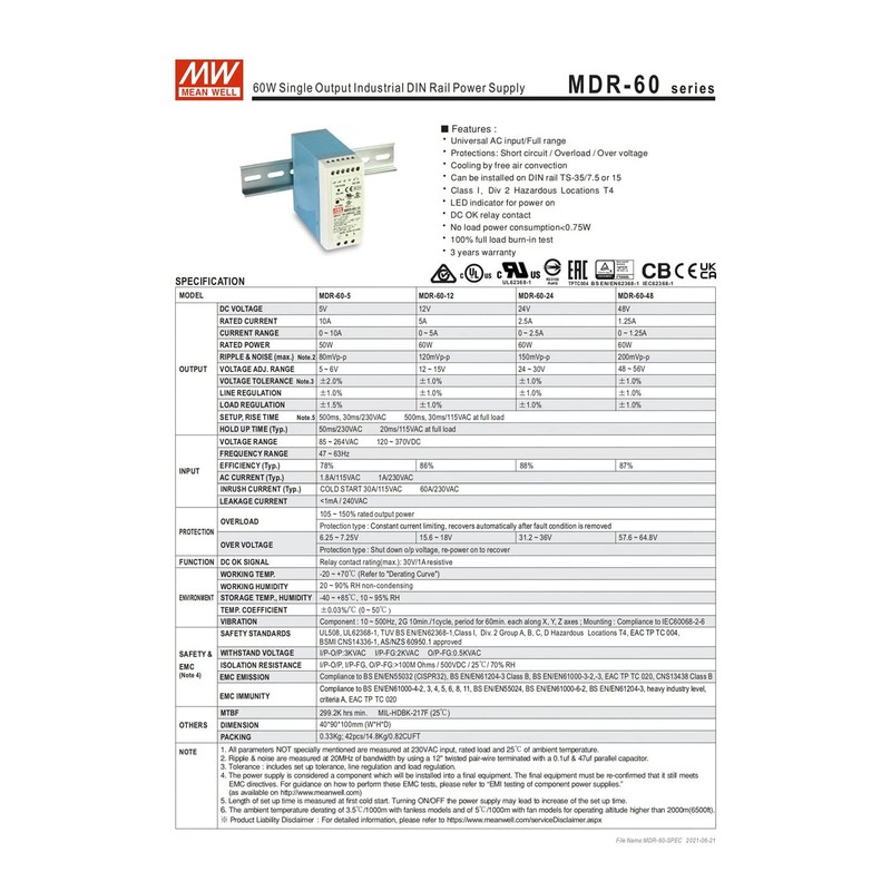 MW Mean Well Plastic Case MDR-60W-12/24/48/5V Ultra Slim Class I