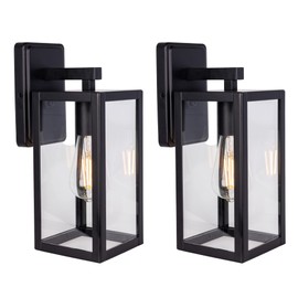 LIT-PaTH Outdoor Wall Lantern, Wall Sconce as Porch Lighting Fixture, E26 Medium Base Max 60W, Anti-Rust Metal with Glass Shade, Black, 2-Pack