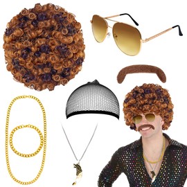 Horolam 7 Pieces 70s 80s Disco Wig for Men, Afro Wig for Men, Short Curly, Disco Wig, Costume Accessory for Cosplay, Hippies Party, Blonde mixed brown