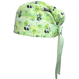 CALOMED Scrub Cap for Women, Euro Style Scrub Caps, Working Hat, Head Cover with Ribbons and Buttons, Long or Short Hair (Watercolor Pandas and Bamboos)