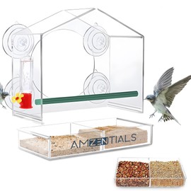 AMZENTIALS - Clear Window Bird Feeder | Bird Feeder and Drinker Included with Suction Cups, Acrylic | Window Bird Feeders with Strong Suction Cups | Suction Cup Bird Feeder Window | Clear Bird Feeder