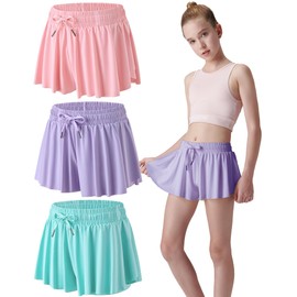 3 Pack Girls Flowy Shorts with Spandex Liner 2-in-1 Youth Butterfly Skirts for Fitness, Running, Sports (Set 19, Medium)