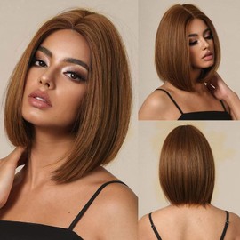 Short Brown Bob Straight Wigs for Women Short Bob Wig 12 Inch Mix Brown Wig Middle Part Synthetic Heat Resistant Shoulder Length Wigs for Daily Party Cosplay Costume Use