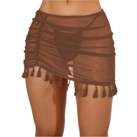 ZAFUL Women Beach Sheer Cover Ups Boho Mesh Bikini Ruched Tassel Skirt for Swimwear, 0-brown, Small
