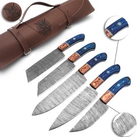 SHINY CRAFTS | Handmade Damascus Kitchen Knife Set with wood handle and Damascus Steel Blade, Chef’s Knives set with Leather Pouch Roll and High Tempered Razor-Sharp Blade (CS-18)