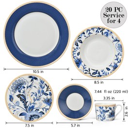 STP GOODS Bone China Dinnerware Set of 20 for 4 persons, Handmade Reactive Glaze Dishes Set,Chip Resistant and Scratch Resistant | Oven&Dishwasher & Microwave Safe (Melodie de Fleurs), 229574