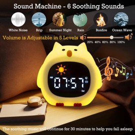 xinjinhju Alarm Clock Night Light with 9 Light Colours and 6 White Sounds, Digital Clock for Sleep Training, Brightness and Sound Adjustable, Gifts for Children - Owl