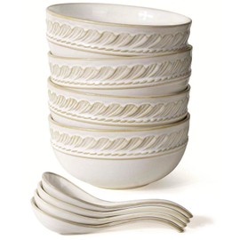 Artena Pho Bowls And Spoons Set, Embossed Ceramic Ramen Bowls, Ramekins Oven Safe, Large Ceramic Dinner Plates Set Of 4, 10.75 Inch Embossed Kitchen Salad Plates, Modern Serving Plates For Restaurant