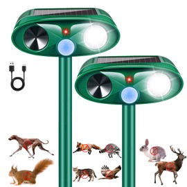 2 Pack 2025 Solar Ultrasonic Repellent Outdoor,Cat Squirrel Deer Repellent Devices Skunk Repellent for Yard,Waterproof Animal Repeller Motion Detection Flash Light for Dog Racoon Rabbit Rodent