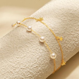 Yueyoer Pearl Bracelets for Women 925 Sterling Silver Stars Chain Bracelets 14k Gold Plated Pearl Layered Bracelets Non Tarnish Bridesmaid Proposal Wedding Birthday Jewelry Gift (Gold)
