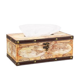 Sumnacon Tissue Box Cover Rectangle Wooden Tissue Box with Lid, Vintage Tissue Box Holder with Retro Pattern, Rustic Tissue Cover for Bathroom Toilet Living Room Table Desk Office Decor, Yellow Map