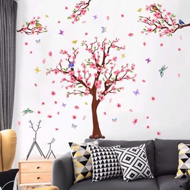 PinkEleph Large Cherry Blossom Tree Wall Stickers - Pink Flower Tree Branch Bird Floral Wall Decals - Living Room Bedroom TV Sofa Background Family Wall Decor