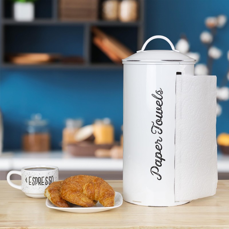 AuldHome Design Farmhouse Paper Towel Holder (White); Rustic Enamelware Countertop