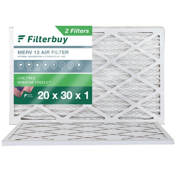 Filterbuy 20x30x1 Air Filter MERV 13 Optimal Defense (2-Pack), Pleated HVAC AC Furnace Air Filters Replacement (Actual Size: 19.50 x 29.50 x 0.75 Inches)
