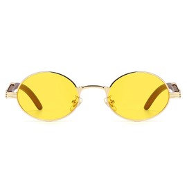 YAMEIZE Wooden Sunglasses for Men and Women Round Small Oval Retro Vintage Metal Frame Wooden Sunglasses UV400, Gold/Yellow