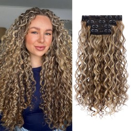 Curly Clip In Hair Extensions,4PCS 20 inch Thick Curly Hair Extensions Lace Weft Clip Ins Invisible Natural Synthetic Hairpieces for Women,Ash Brown & Beige Blonde Highlights(130H132)