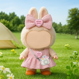 4PCS Doll Clothes Set for 17cm Plush Dolls – Pink Dress, Brown Overalls, Bow & Camera Bag – Doll Outfit Accessories Gift for Girls Boys Bunny Plush Toys