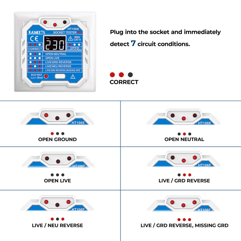 KAIWEETS HT106E Socket Tester UK, RCD Plug Socket Tester Electrical