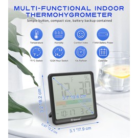 Geevon Digital Indoor Thermometer Hygrometer, Wireless Temperature Humidity Meter with Comfort Index, 1*AAA Battery, Calendar, Small Room Temperature Monitor for Home, Greenhouse, Bedroom, Black
