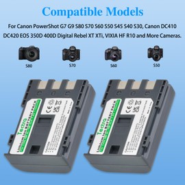 Tectra 2-Pack NB-2L NB-2LH Battery + Rapid LCD Display USB Charger for Canon PowerShot G7 G9 S30 S40 S45 S50 S60 S70 S80 DC410 DC420 VIXIA HF R10 HF R100 HF R11 EOS 350D 400D Digital Rebel XT XTi