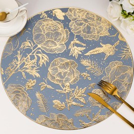Gold Placemats Set of 6 Round Rose Flower Place Mats Pressed Vinyl Washable Non-Slip Table Mats for Dining Table Setting Decorative Wedding Party Holiday Festival