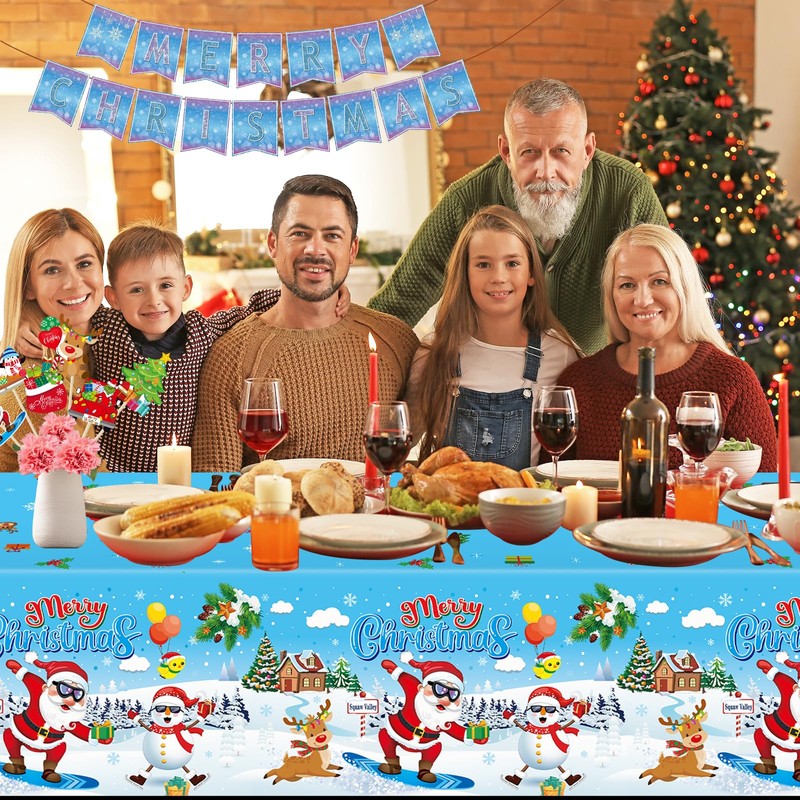 PERFQU 3 Pcs Merry Christmas Tablecloth - Xmas Cool Santa