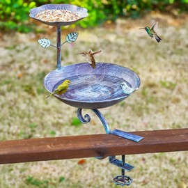 2 in 1 Bird Bath for Deck Railing and Balcony Bird Feeder, Bird Feeders for Outdoors with Heavy Duty Clamp, Unique Bird Bath for Outside and Blue Birdfeeder Suitable for Garden Porch Backyard