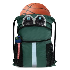 BeeGreen Green Dark Drawstring Backpack with Shoe Compartment X-Large Gym Sports String Cinch Backpack Athletic Sackpack with Front Inside Zipper Pockets