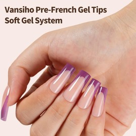 150Pcs French Gel Nail Tips, Vansiho Long Square Nail Tips, Purple Pre-French Tips Press on Nails, Soak Off Soft Gel Acrylic Fake Nails for Nail Art DIY 15 Sizes