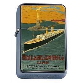Silver Flip Top Oil Lighter Vintage Poster D-075 Holland America Line Rotterdam New York Via Boulogne