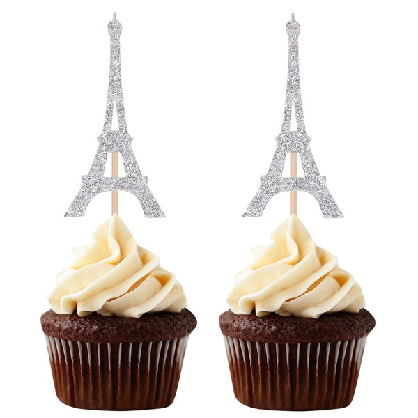24 piezas de decoración para cupcakes con forma de torre Eiffel, para bodas, despedidas de soltera, color plateado