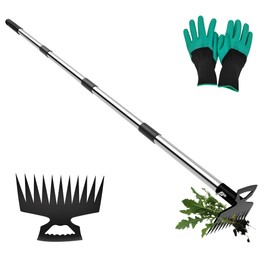 Weeding Puller Tool with Long Handle, 11 Tooth Manual Weed Rake Weeder Remover Tool Gardening with Gloves, Dandelion Gardenia Uprooting Tool for Yard, Lawn, Patio and Garden
