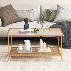 Tangkula Glass Coffee Table, 2-Tier Rectangular Tempered Glass Center Table w/Metal Mesh Storage Shelf, Modern Accent Table with Gold Metal Frame for Living Room & Small Spaces (Gold, 35.5”L)