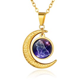 Custom4U, 12 Constellation Astrology Cabochon Glass Necklaces, 12 Zodiac Signs, Horoscope Necklace for Women/Men in Silver/18K Gold-Plated, 51 cm + 5 cm, Gold
