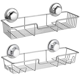 iPEGTOP Strong Suction Cup Shower Caddy Bath Shelf Storage with 4 Side Hooks, Combo Organizer Basket for Shampoo, Conditioner, Soap, Razor Bathroom Accessories, Chrome, 2 Count