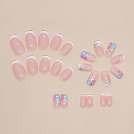 RikView French Tip Press on Nails Medium Fake Nails White Nails Square Stick on Nails Glossy Full Cover Nails